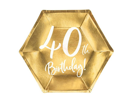 Talerzyki urodzinowe - 40th Birthday! - Złote - 6 sztuk 